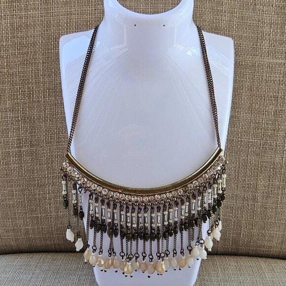 Women Necklace Statement Chain Fringe Beads Gold Tone Faashion Jewelry - Picture 1 of 10